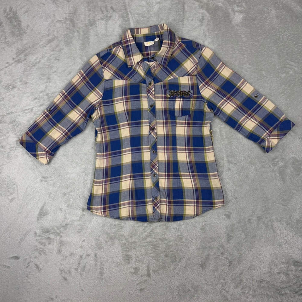 Mudd Women's Plaid Button Front Shirt Size Medium Blue Studded Roll Tab Sleeve